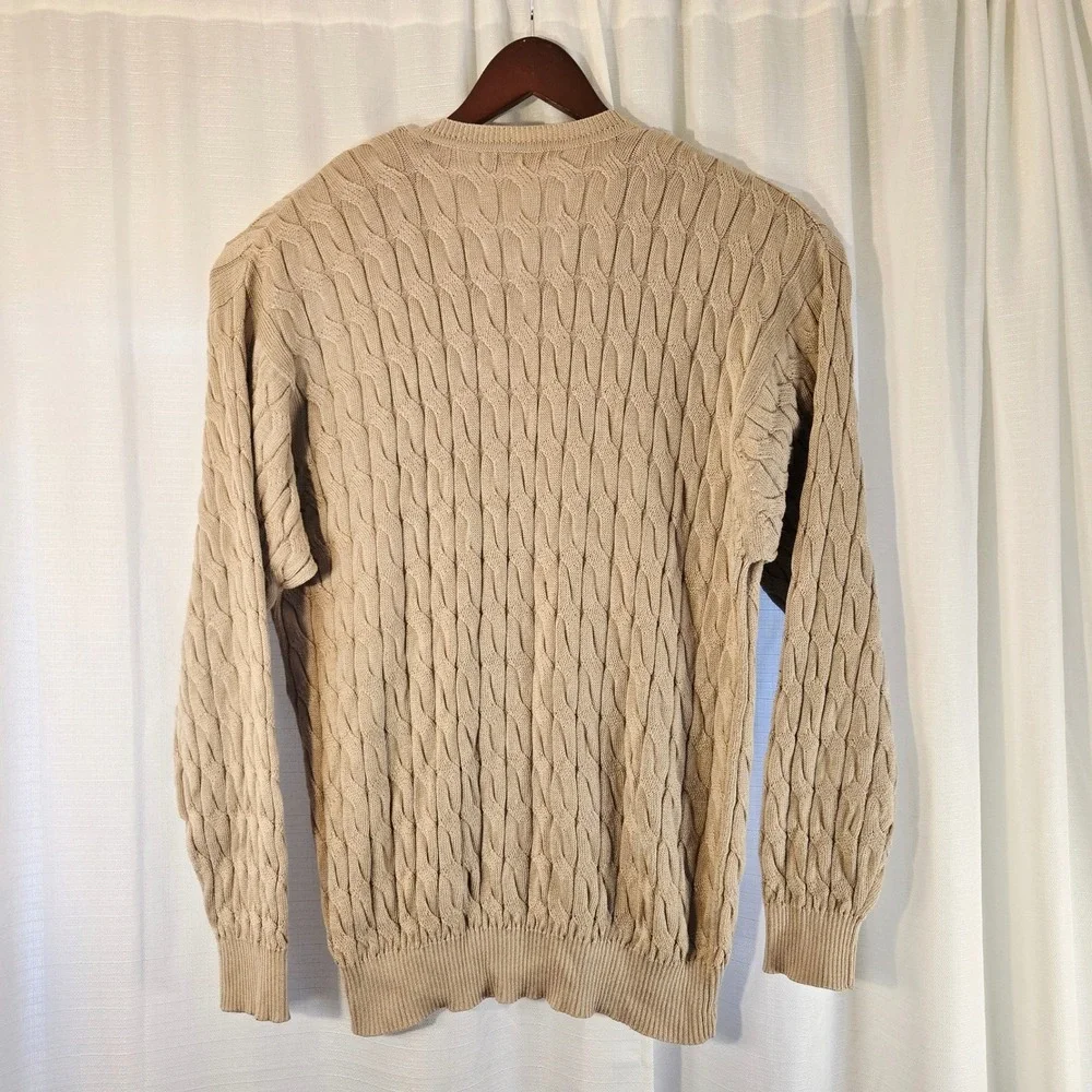 Alpaca Ill  Tan Cable Knit V Neck Sweater Size L‎ 100% Mercerized Pima Cotton
